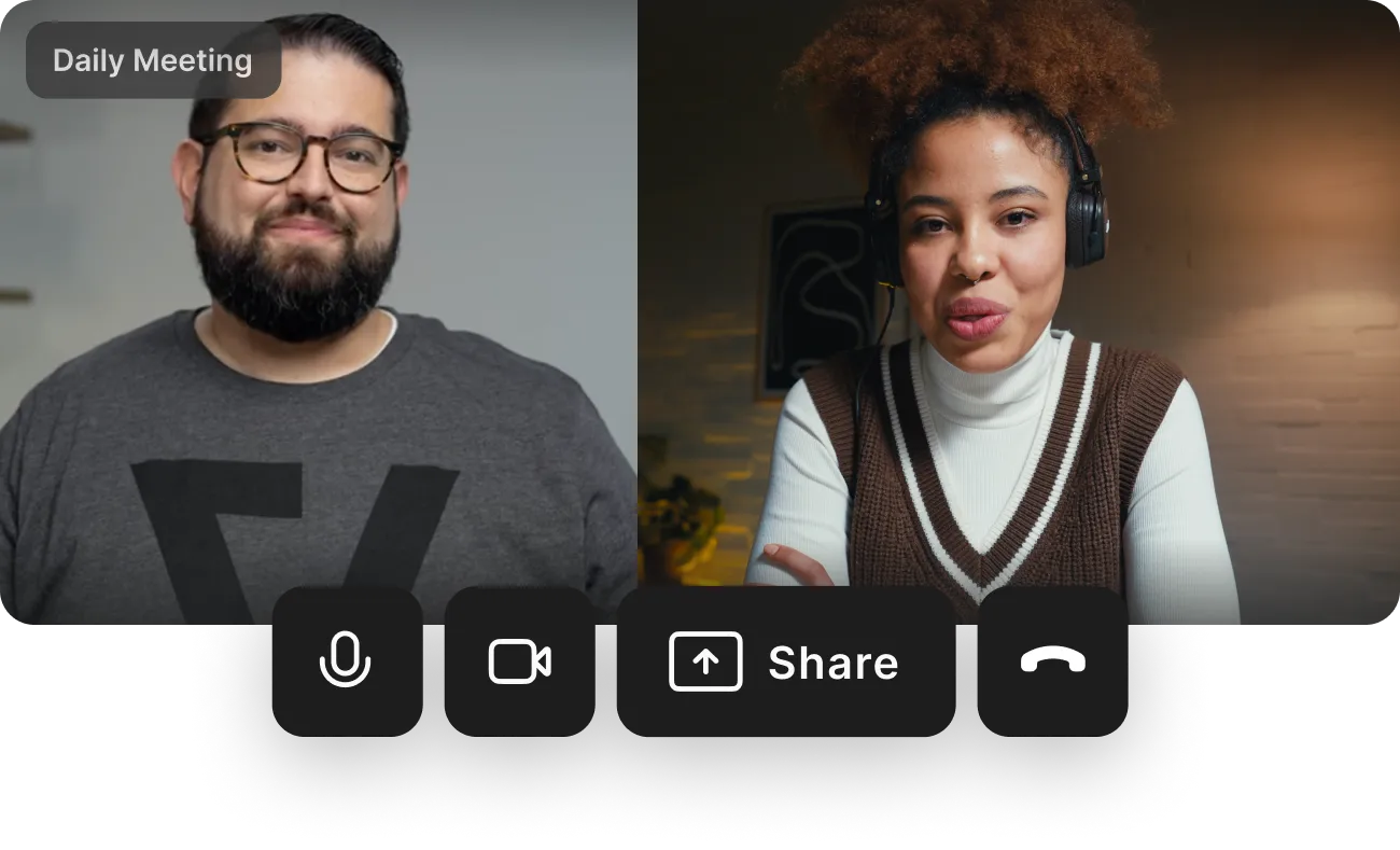 Two people in a video call labeled Daily Meeting with interface buttons for mute, video, share, and hang up.